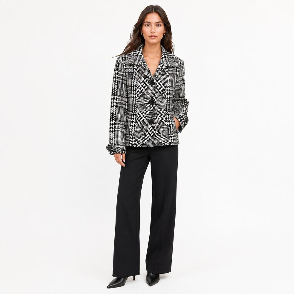 Chico's Houndstooth Coat Womens 2 Large Black White Tweed Big Buttons Plaid